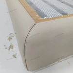 Light Beige Leather Upholstered Bed with Vertical Pleated Headboard & Gold Stainless Steel Ball Studs